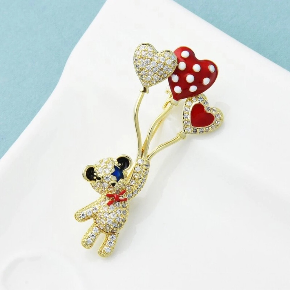 Lovely Holding Balloons Bear Brooches Women Cubic Zirconia Bear